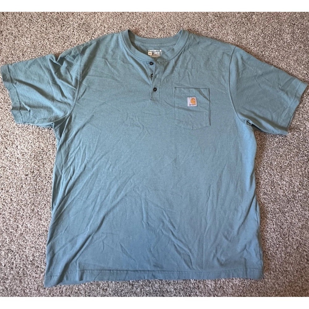 Carhartt Henley Neck T Shirt Size 2XL‎ Blue Short Sleeves Logo Work Wear Shirt